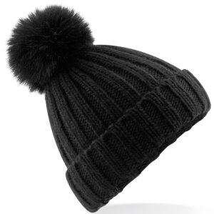 Verbier fur pop pom chunky beanie - Black, One size
