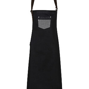 Division waxed-look denim bib apron with faux leather - Black Denim, One size
