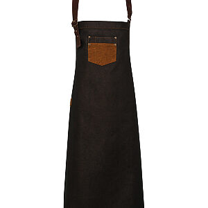 Division waxed-look denim bib apron with faux leather - Black/Tan Denim, One size