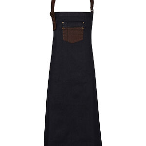 Division waxed-look denim bib apron with faux leather - Indigo/Brown Denim, One size