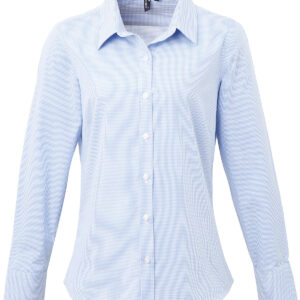 Women's Microcheck (Gingham) long sleeve cotton shirt - Light Blue/White, XS
