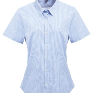 Women's Microcheck (Gingham) short sleeve cotton shirt - Light Blue/White, XS