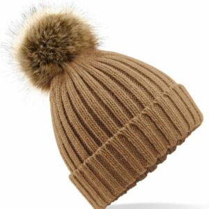 Fur pop pom chunky beanie - Biscuit, One size