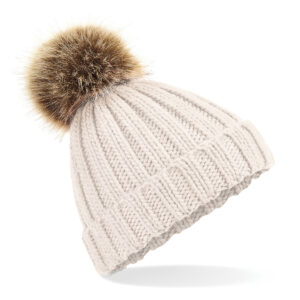 Fur pop pom chunky beanie - Oatmeal, One size